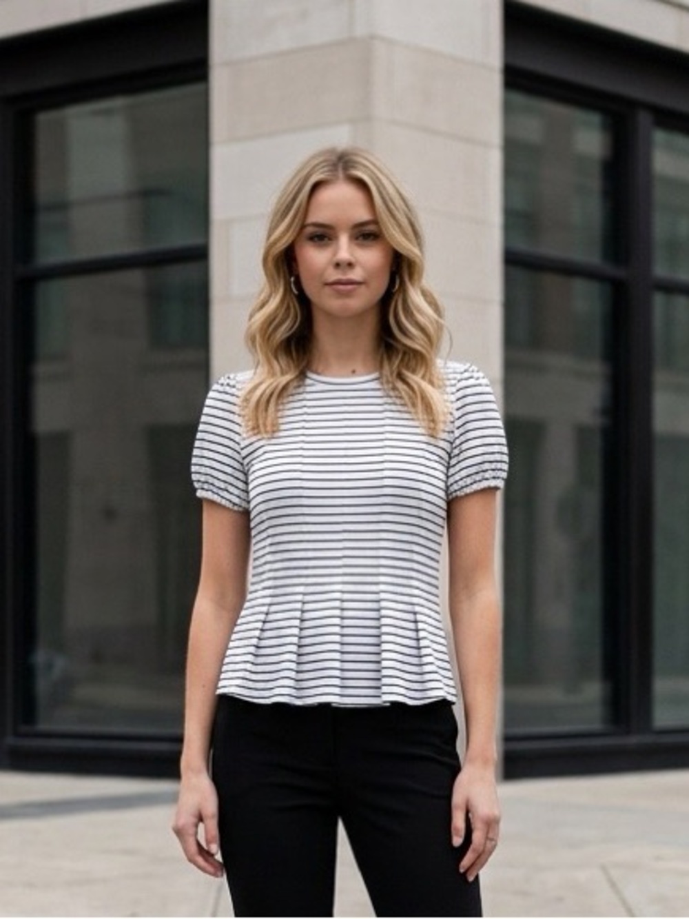 Anthropologie Maeve Corset Black and White Striped Puff Sleeve Blouse Womens XXS